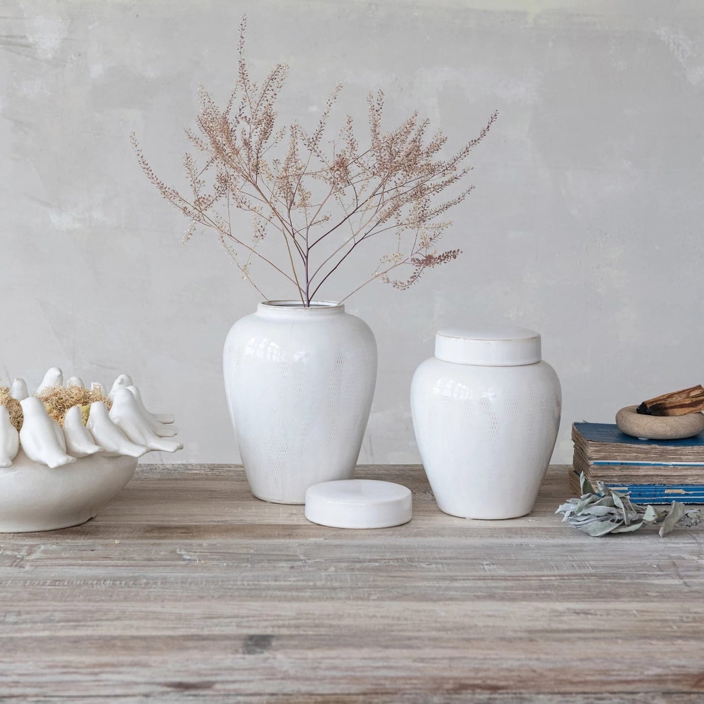 Decorative Debossed Stoneware Ginger Jar 6.5in