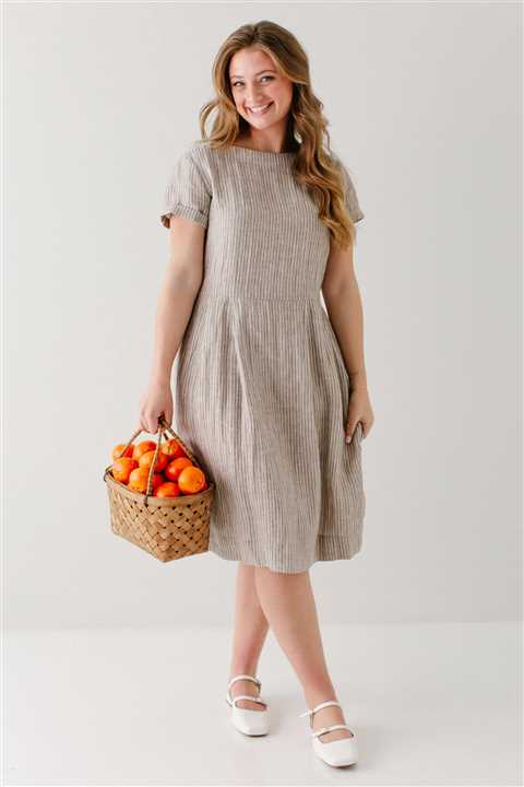 100% Linen Striped Midi Dress: Desert Tan