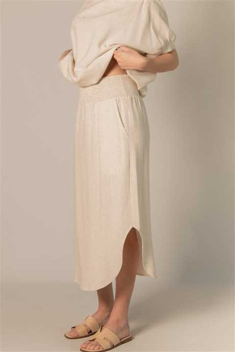 Linen P.CILL Smocked Midi Skirt: Natural