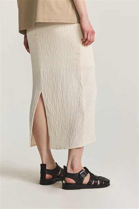 Textured Midi Skirt with Back Slit: BEIGE