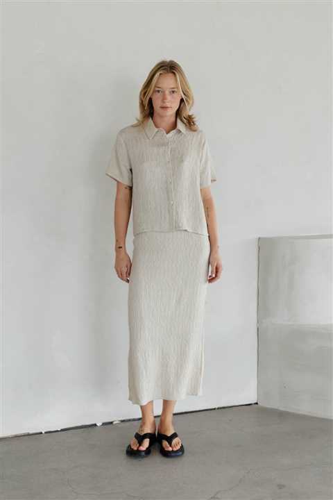 Textured Midi Skirt with Back Slit: BEIGE