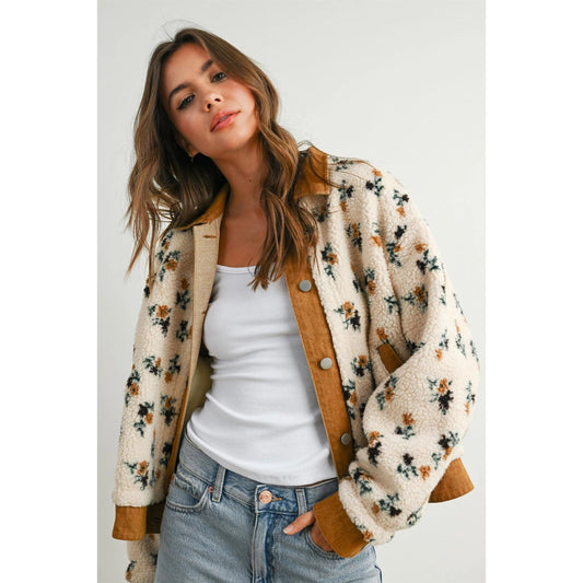 Floral - patterned CREAM/CAMEL collared button - down jacket - Market 12