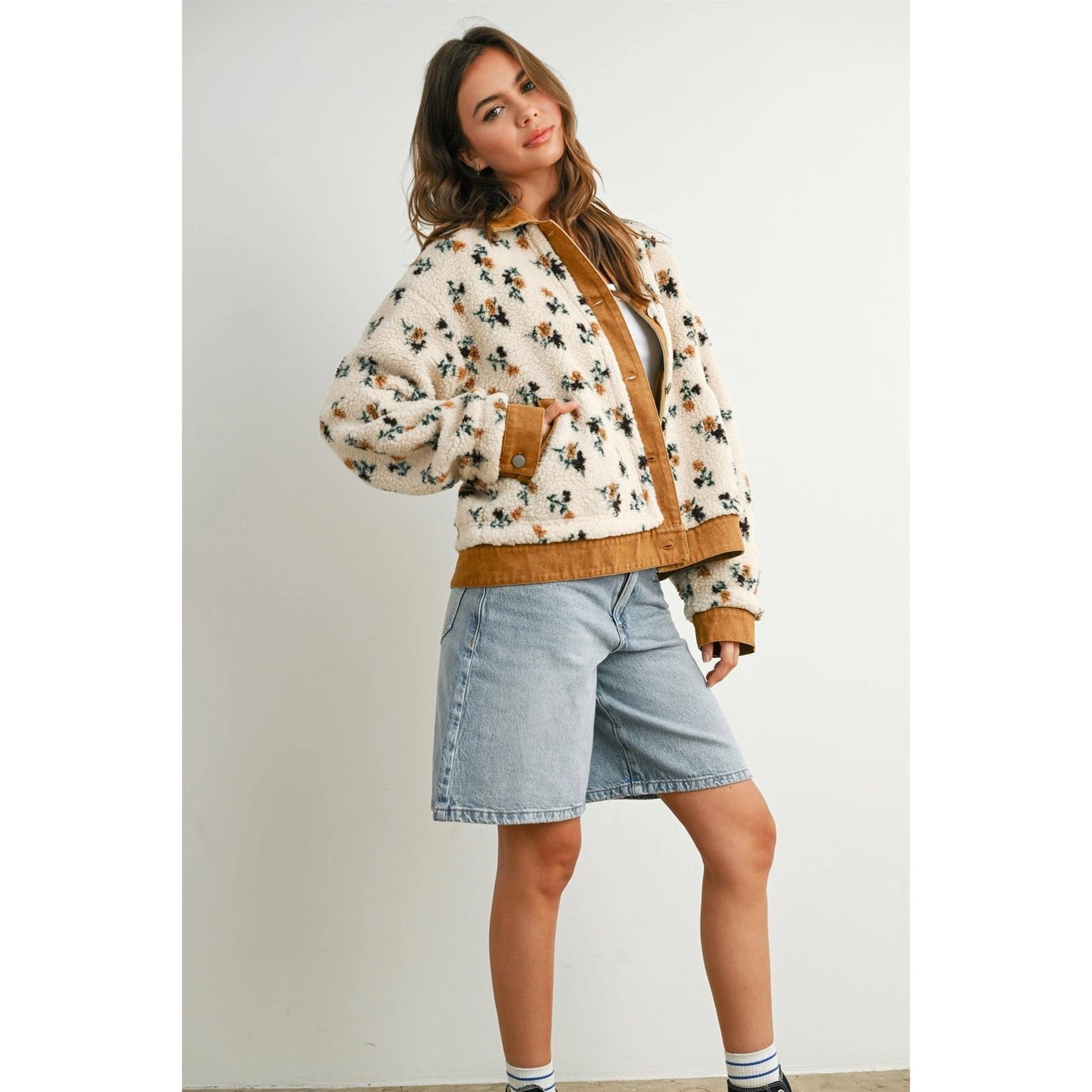 Floral - patterned CREAM/CAMEL collared button - down jacket - Market 12