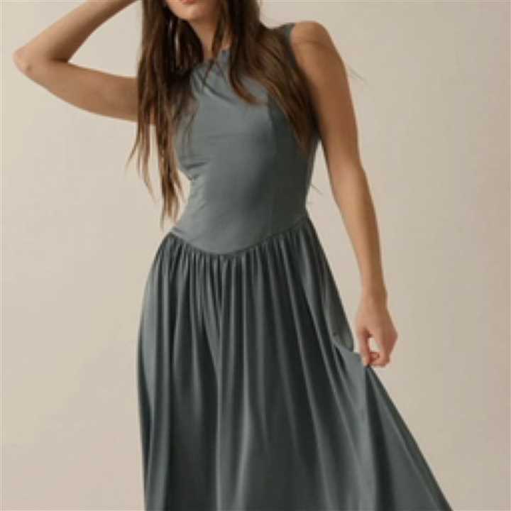 Knit Boat neck Drop - Waist Midi Dress Teal Blue - Market 12