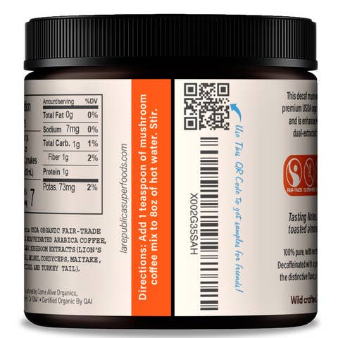 La Republica USDA Organic DECAF Mushroom Coffee: 2.5oz Jar - Market 12
