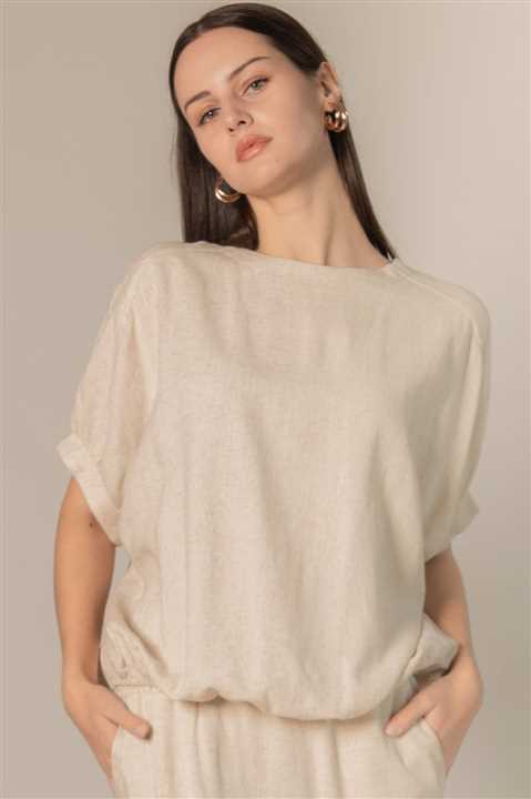 Linen P.CILL 3/4 Sleeve Round Neck Elastic Waistband Top: Natural - Market 12