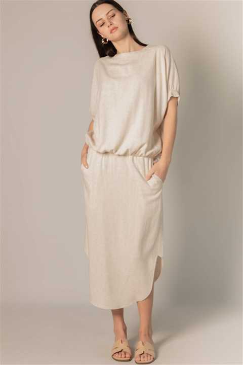 Linen P.CILL 3/4 Sleeve Round Neck Elastic Waistband Top: Natural - Market 12