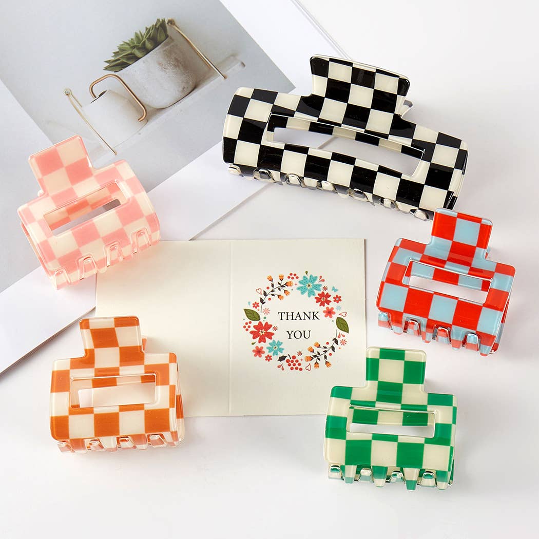 Checkered Different Size Claw Hair Clip Set: ASSORTED,
