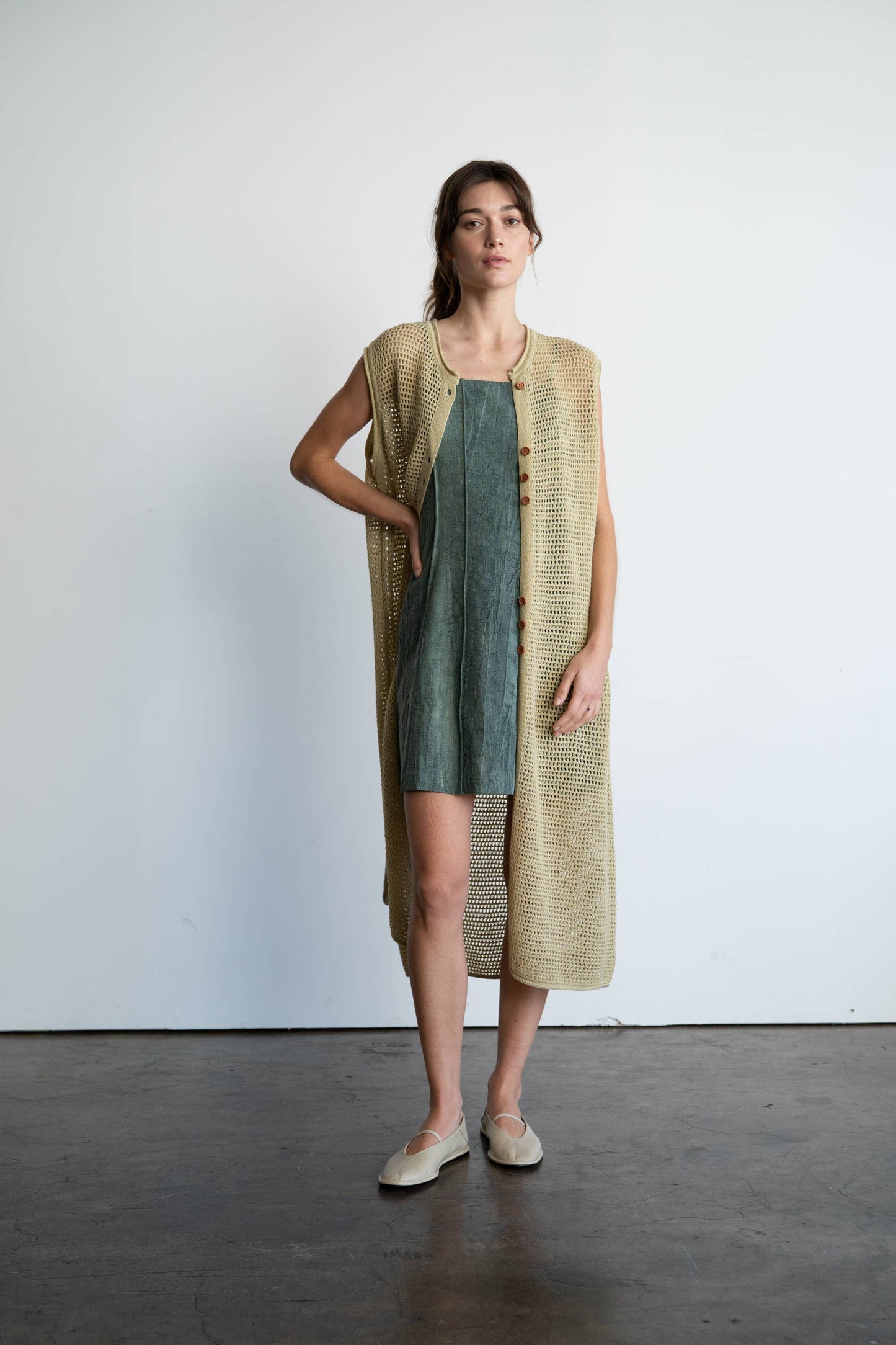 Breathable Long Crochet Cardigan in Pear, Contemporary