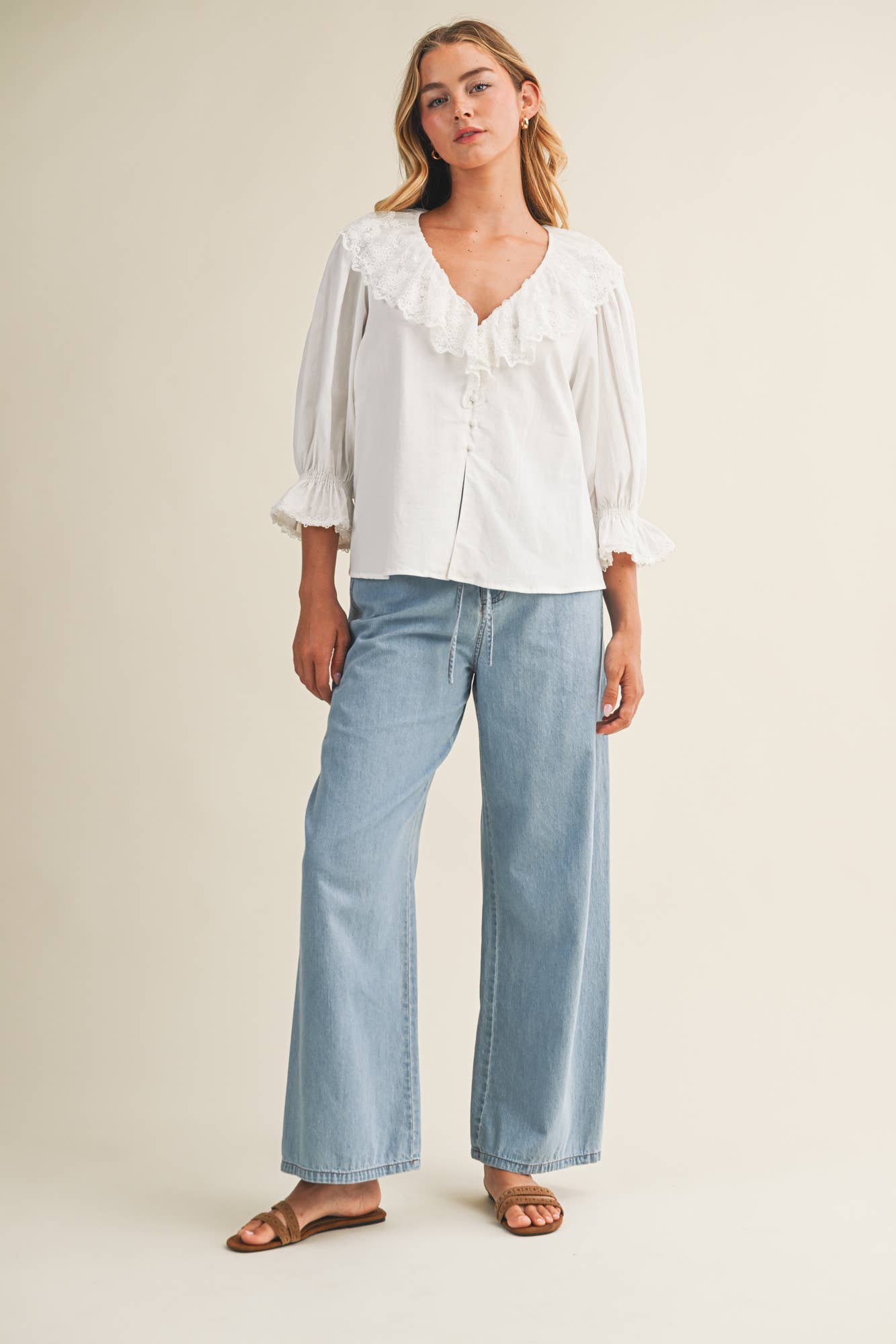 Relaxed Denim Pants with Drawstring Waist: Washed Denim, M - Market 12