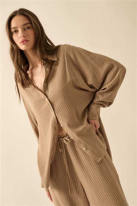Striped Loose - Fit Collared Button - Up Shirt: Taupe - Market 12