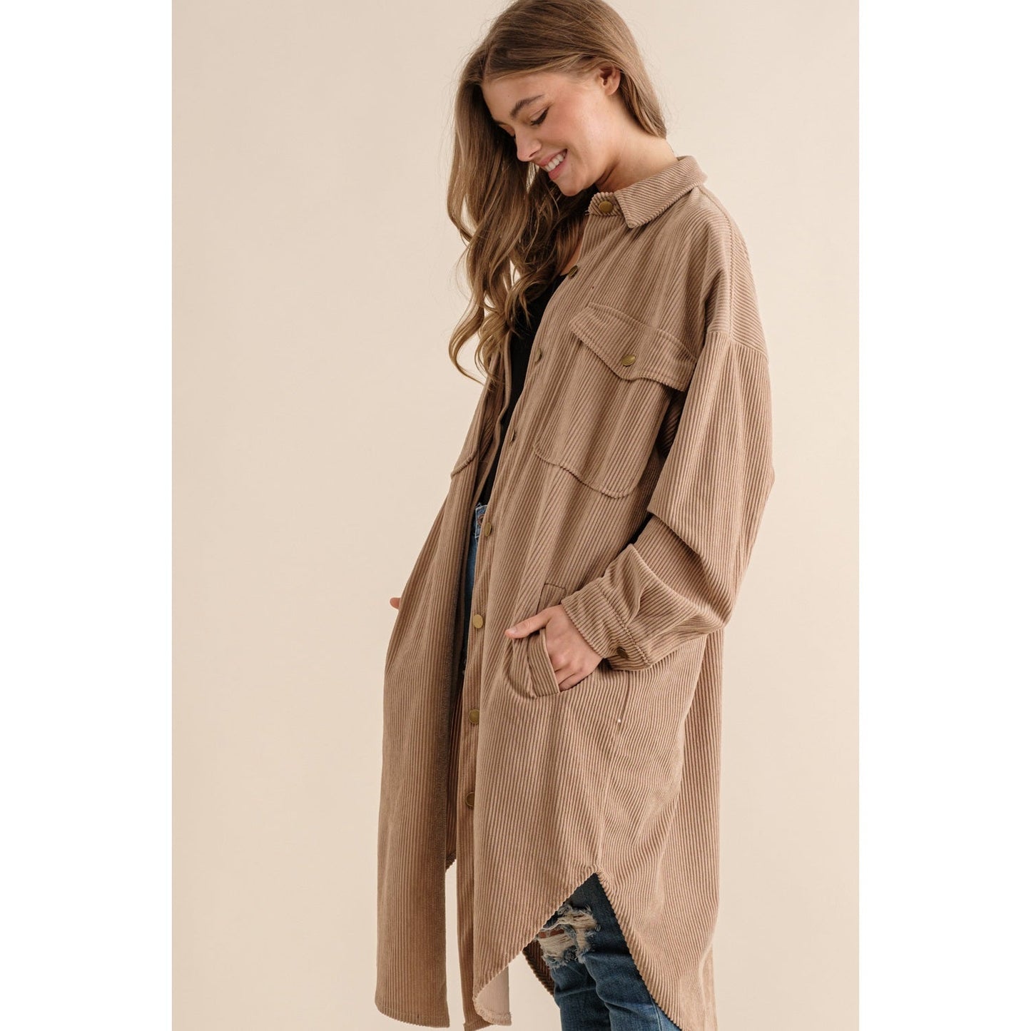 Warm Taupe Long Corduroy Button - Down Shirt Jacket Shacket - Market 12
