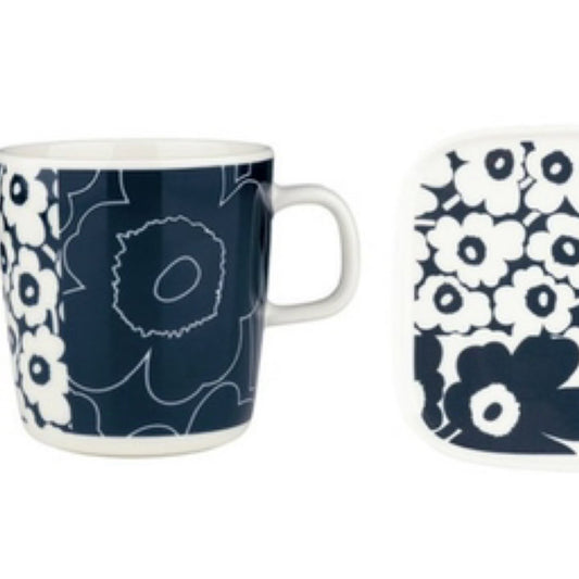 07 Marimekko Unikko Kollaasi Dark Blue / White Large Mug & Small Plate Set - Market 12
