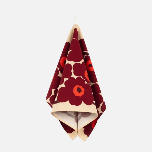 07 W Marimekko Unikko Tea Towel, Vanilla, Wine Red - Market 12