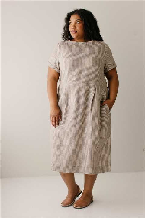 100% Linen Striped Midi Dress: Desert Tan - Market 12