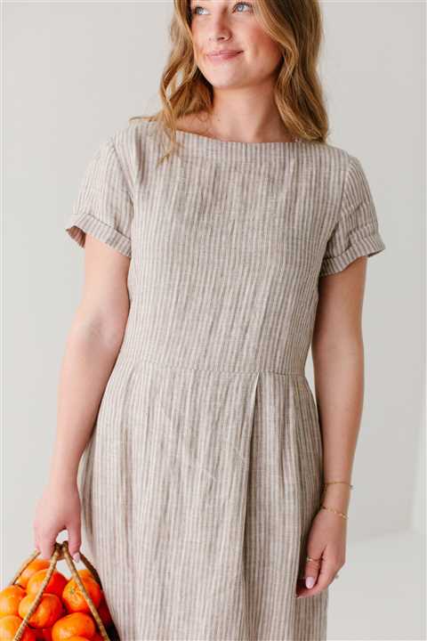 100% Linen Striped Midi Dress: Desert Tan - Market 12