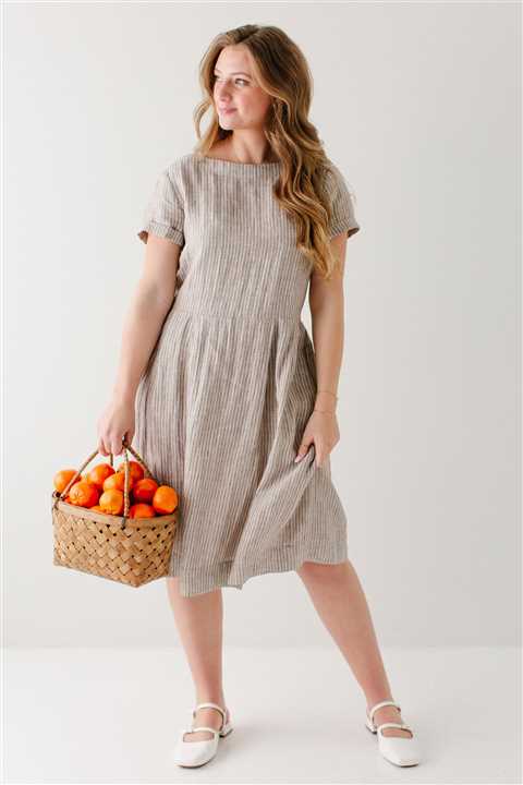 100% Linen Striped Midi Dress: Desert Tan - Market 12