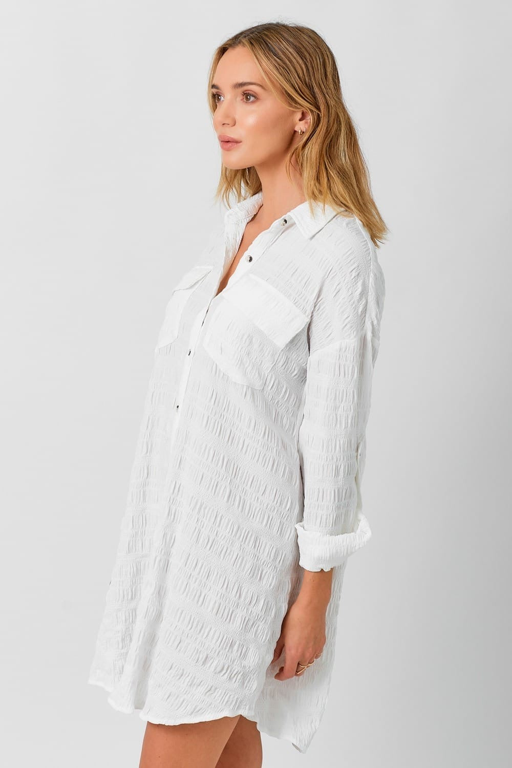 White Textured Shirt Dress