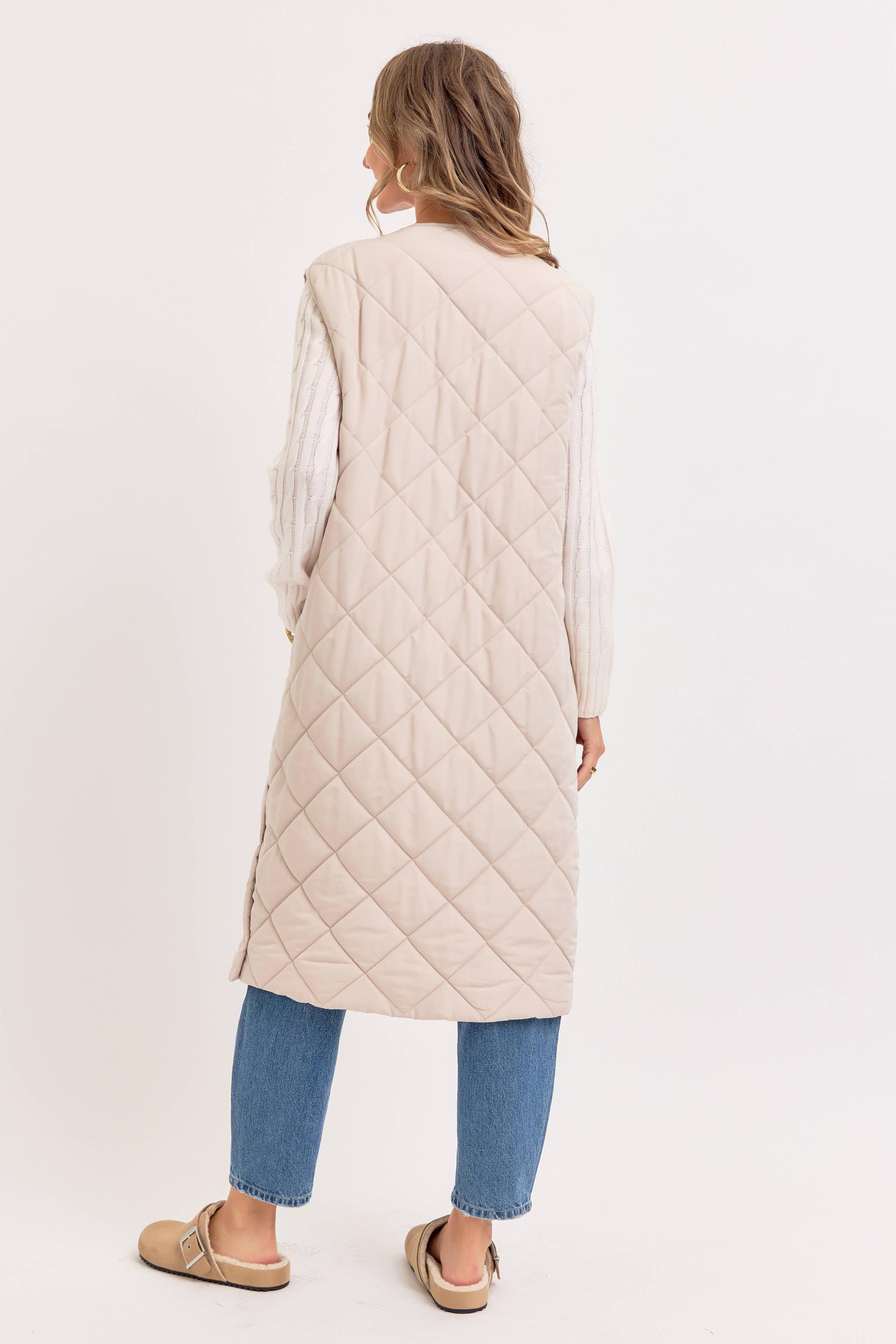 Long Puffer Vest, Diamond Quilted, Sand, Contemporary