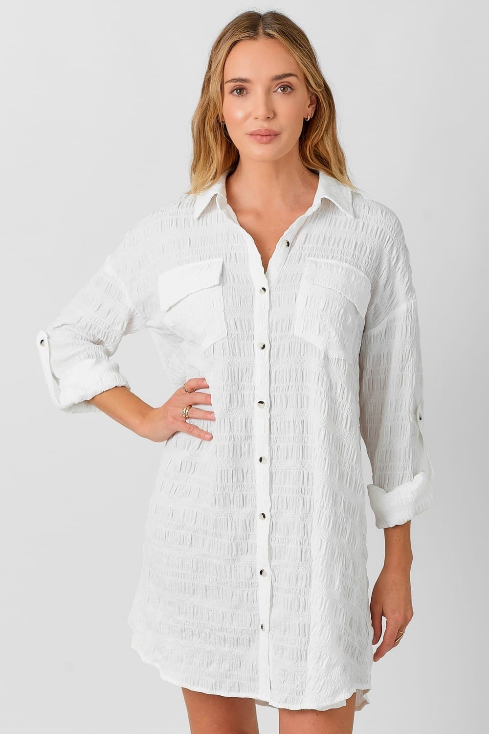 White Textured Shirt Dress