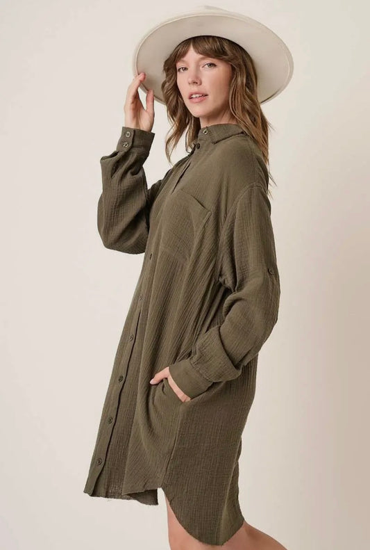 Gauze Oversized Long sleeve shirt dress