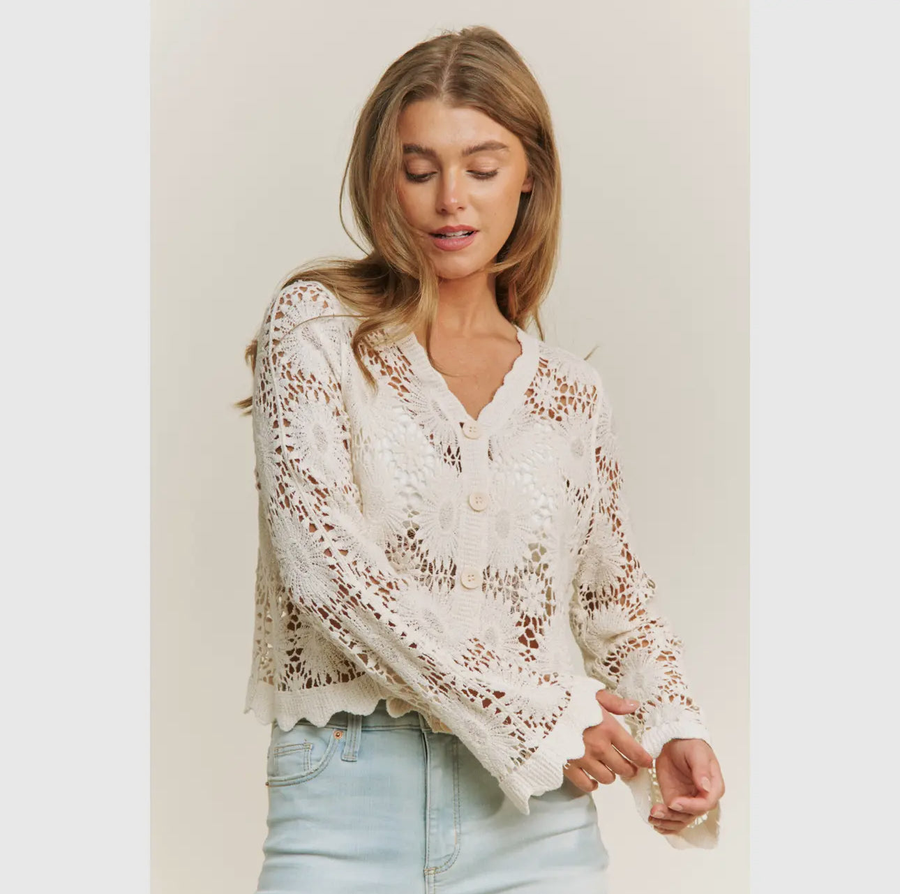 Scalloped Crocheted Lace Floral Button Down