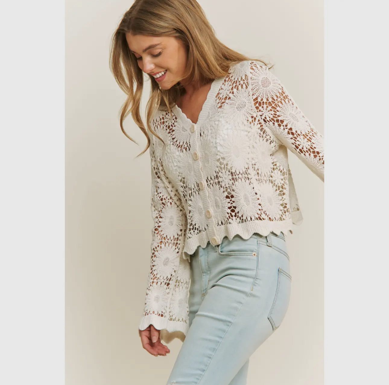 Scalloped Crocheted Lace Floral Button Down