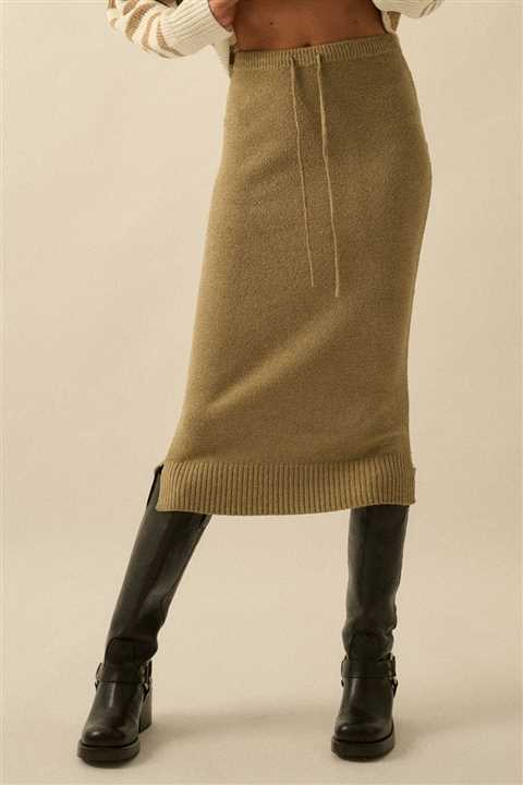 Textured Knit Drawstring Midi Sweater Skirt