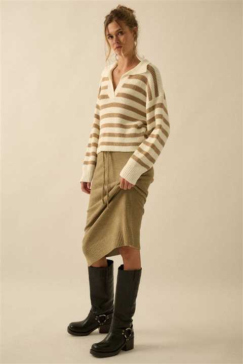 Textured Knit Drawstring Midi Sweater Skirt