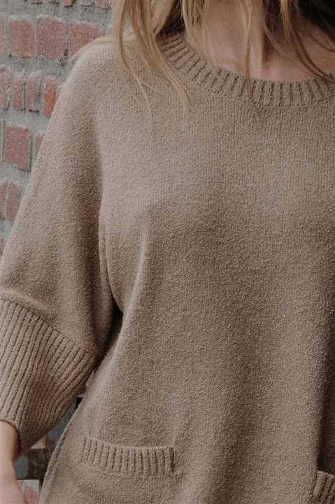 Textured Knit Three-Quarter Sleeve Pocket Sweater