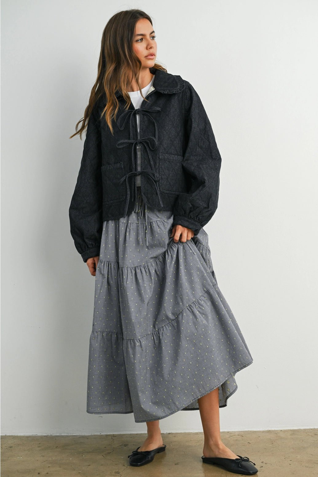 Black, Quilted Long Sleeve Tie - Front Jacket - Market 12