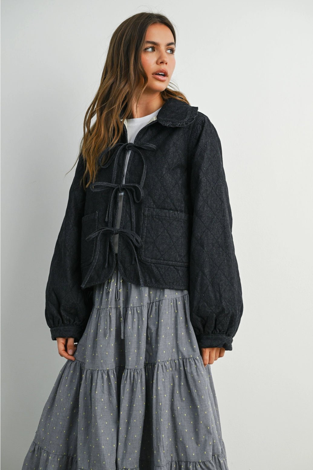 Black, Quilted Long Sleeve Tie - Front Jacket - Market 12