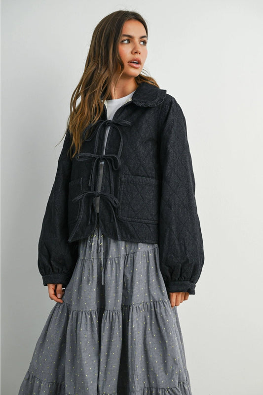 Black, Quilted Long Sleeve Tie - Front Jacket - Market 12