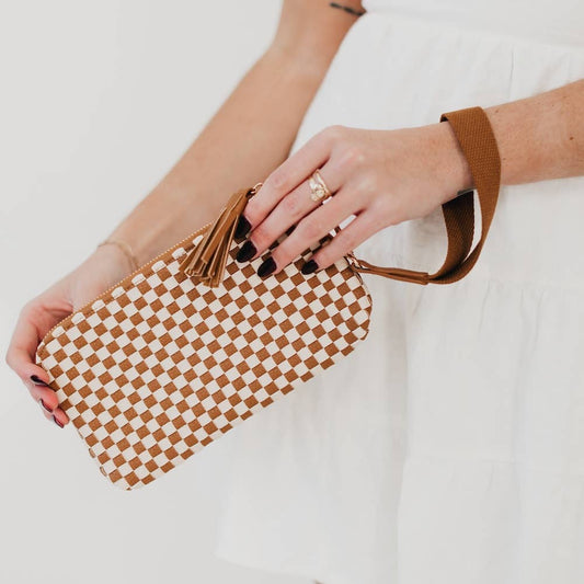 Brown Checkered Emma Woven Clutch Wristlet - Market 12