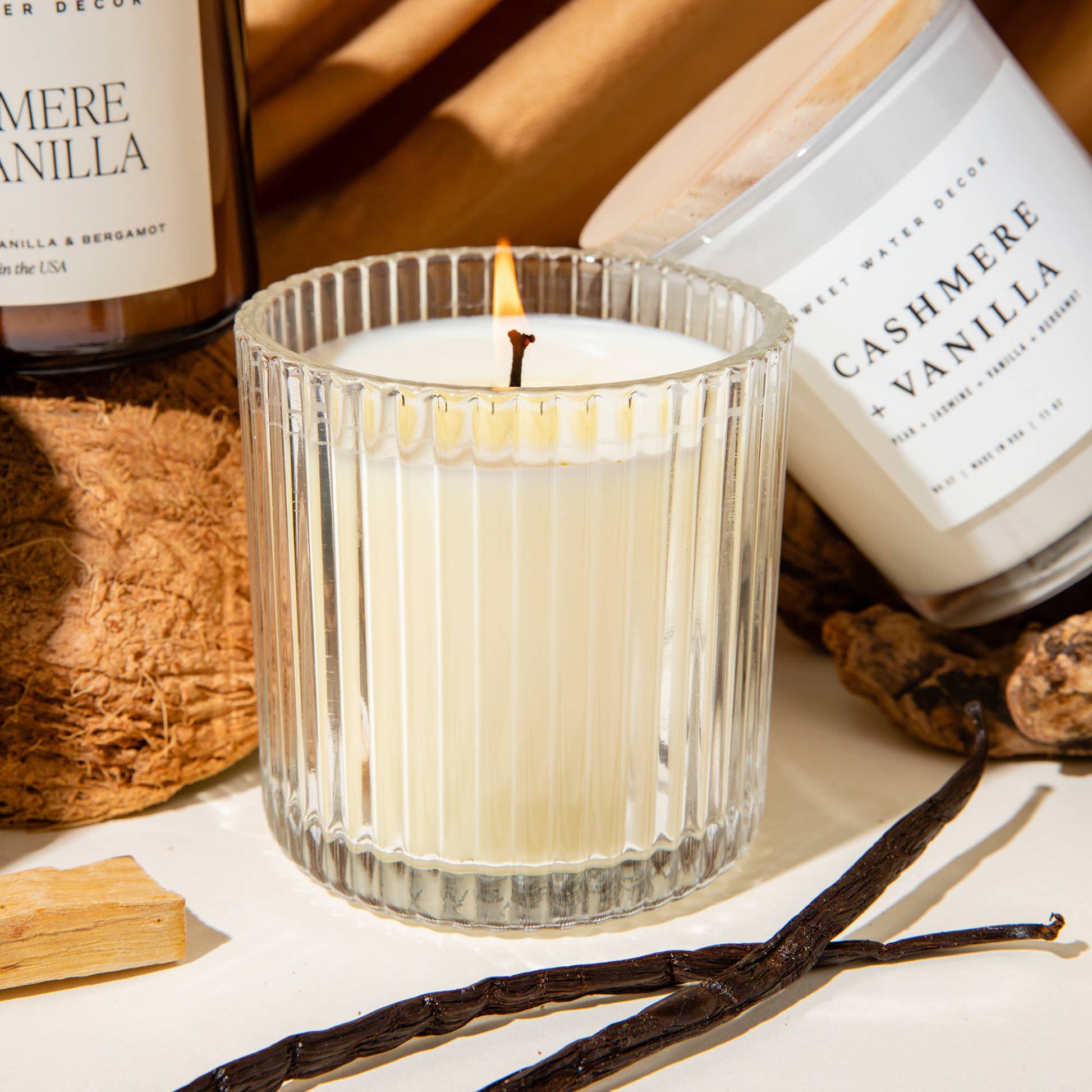 Cashmere and Vanilla 12 oz Soy Candle, Fluted Ribbed Jar - Market 12