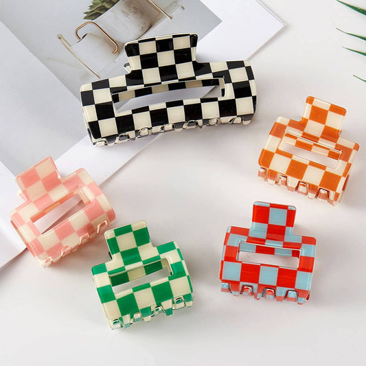 Checkered Different Size Claw Hair Clip Set: ASSORTED, - Market 12