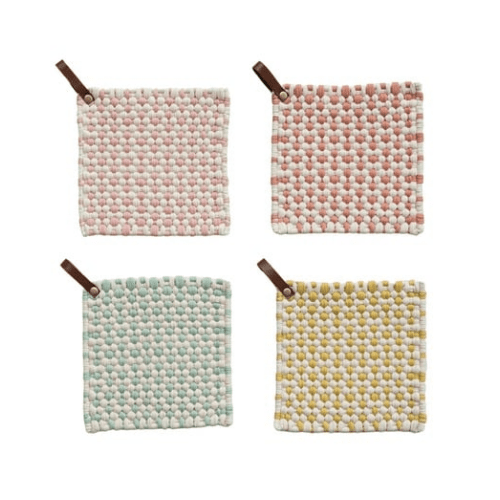 Cotton Crocheted Pot Holder w/ Leather Loop, 4 Styles - Market 12