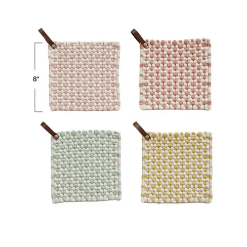 Cotton Crocheted Pot Holder w/ Leather Loop, 4 Styles - Market 12
