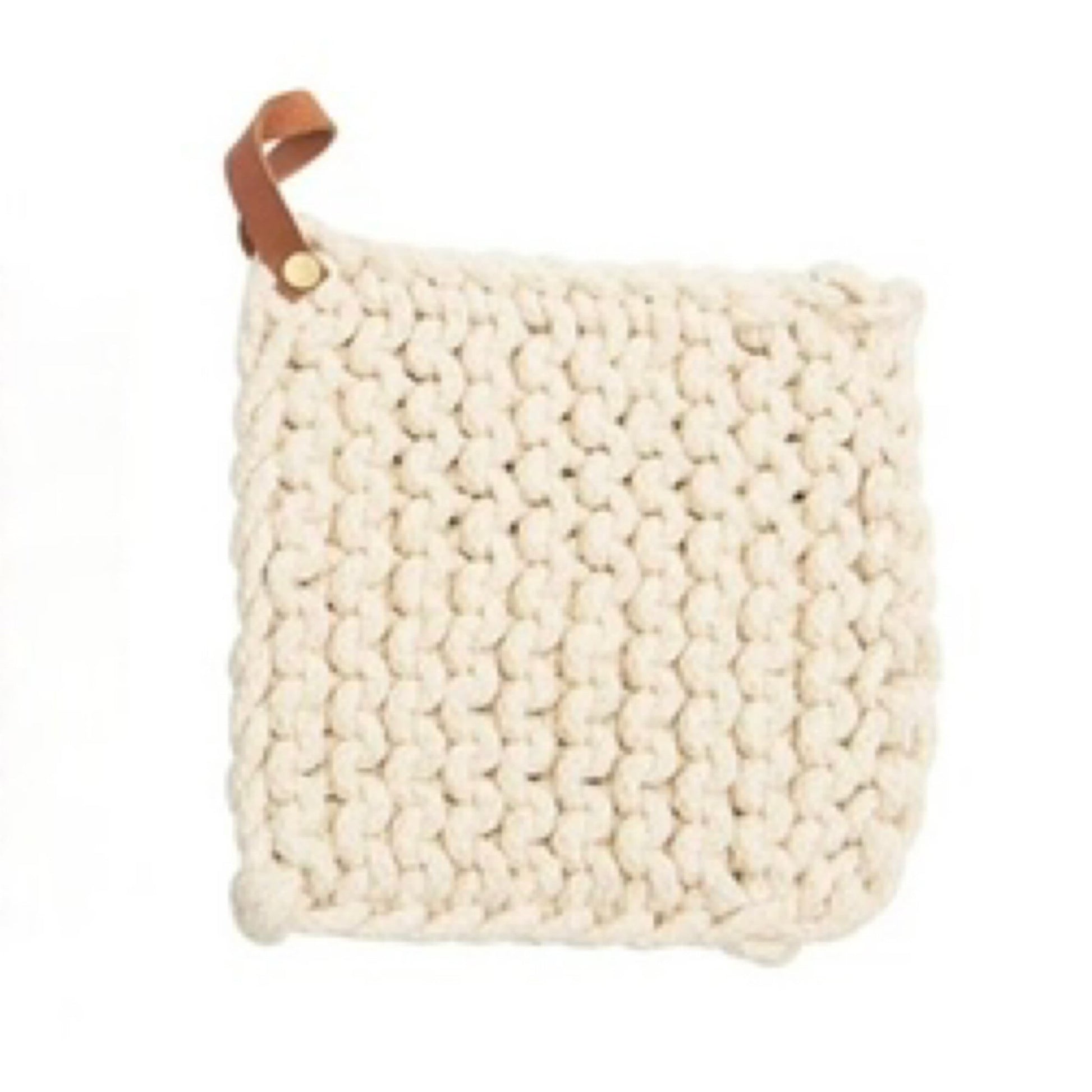 DF5112A White/CreamCrocheted Pot Holder with Leather Loop - Market 12