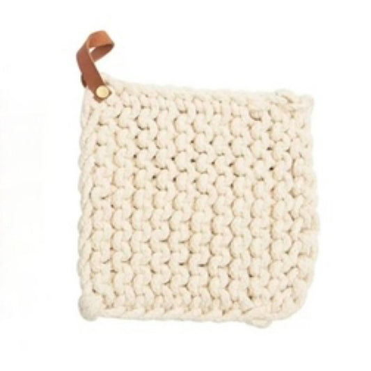 DF5112A White/CreamCrocheted Pot Holder with Leather Loop - Market 12
