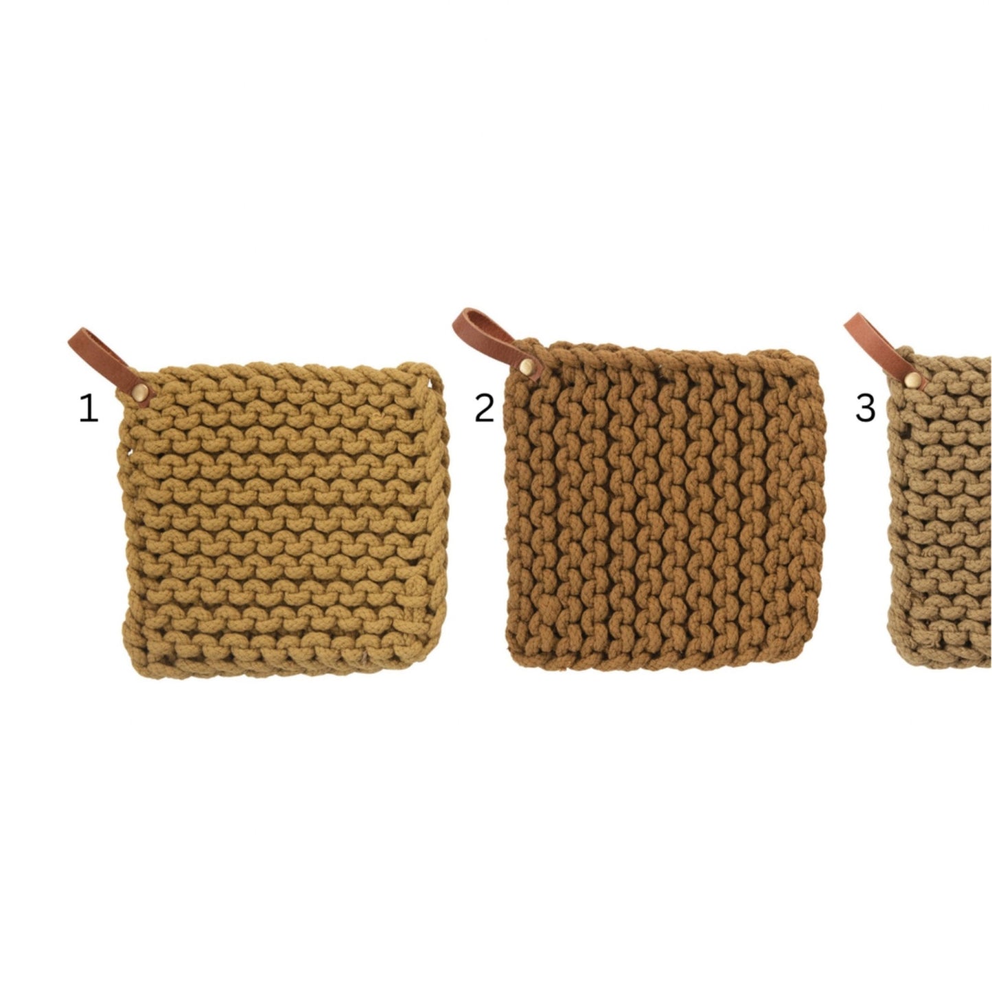DF5113A Greens Crocheted Pot Holder with Leather Loop, 3 Colors - Market 12