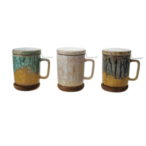 DG0785A S/3 4"L Stoneware Mug w Metal Strainer, Acacia Wood Saucer - Market 12