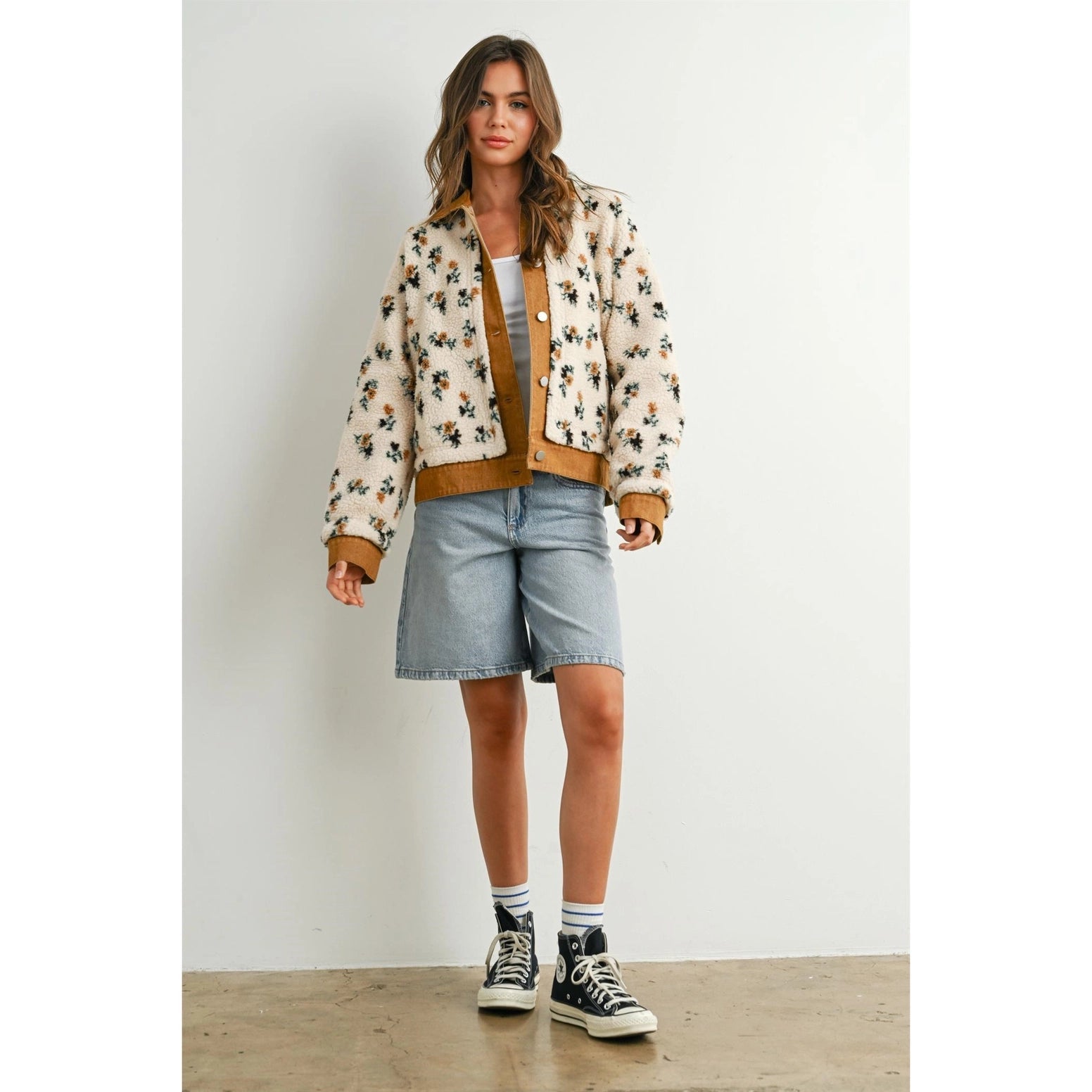 Floral - patterned CREAM/CAMEL collared button - down jacket - Market 12