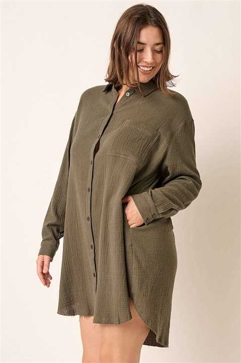Gauze Oversized Long sleeve shirt dress - Market 12