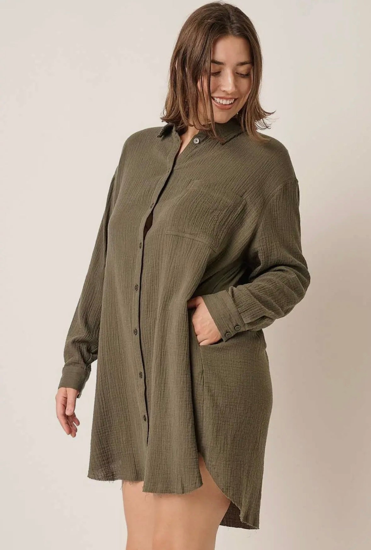Gauze Oversized Long sleeve shirt dress - Market 12