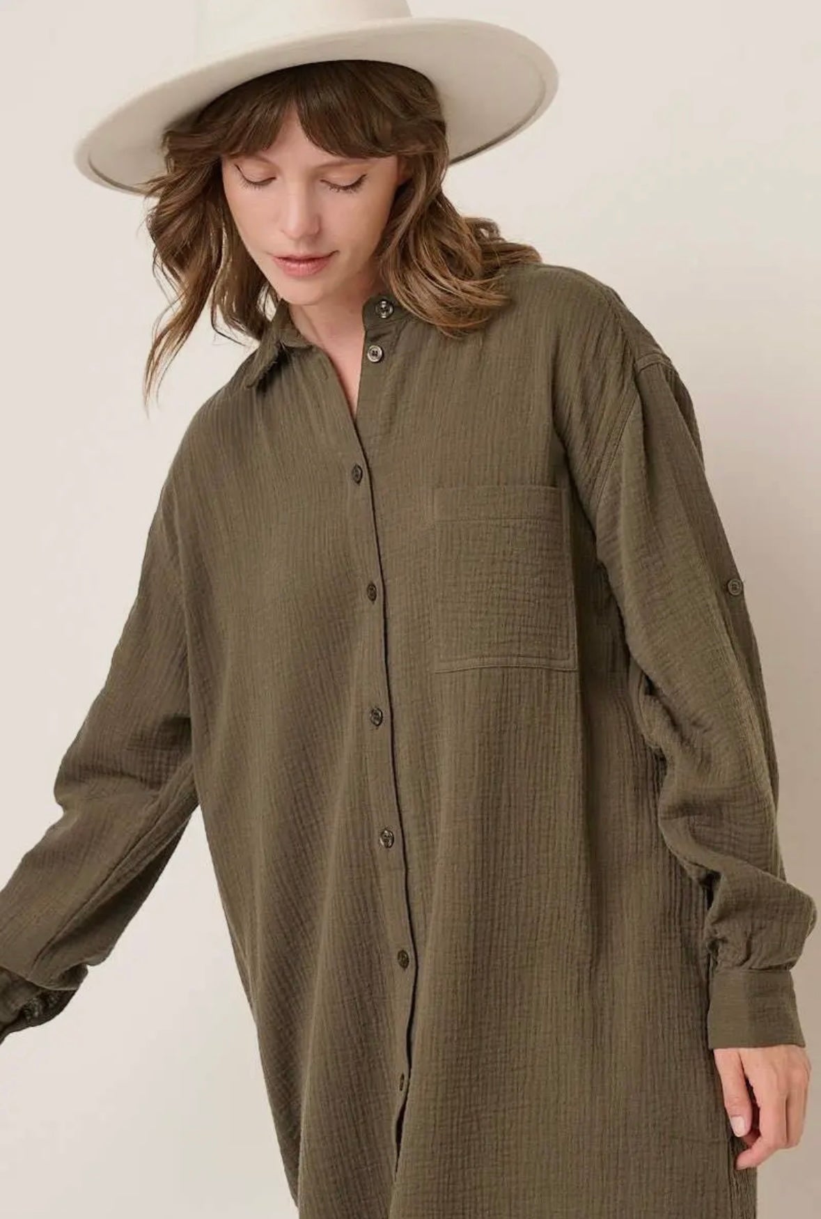 Gauze Oversized Long sleeve shirt dress - Market 12