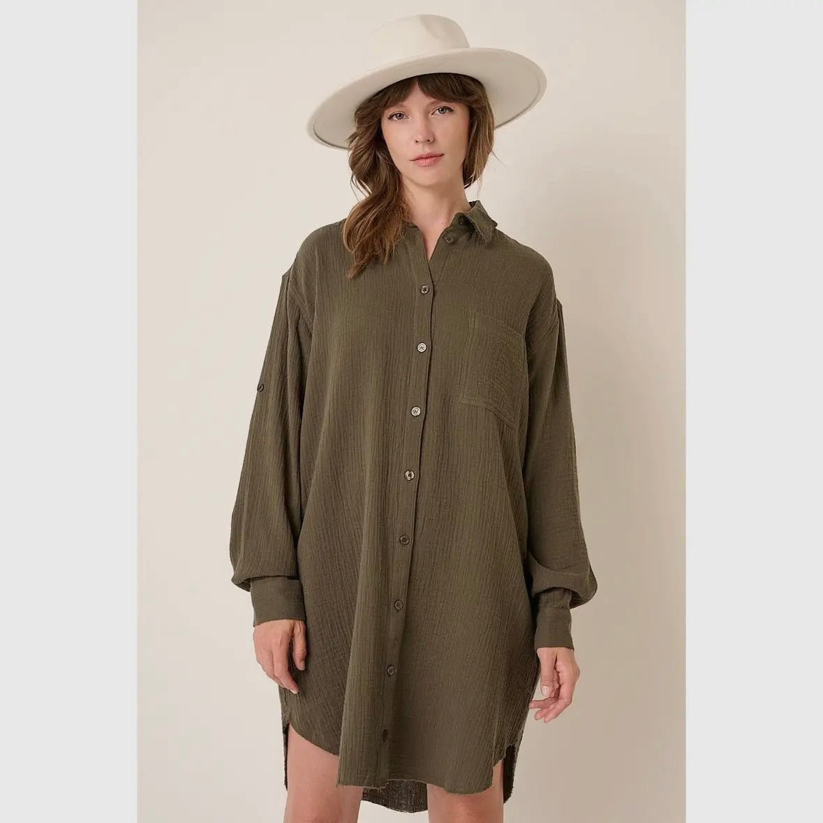 Gauze Oversized Long sleeve shirt dress - Market 12