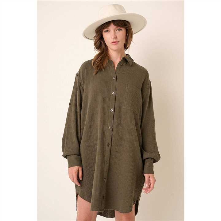 Gauze Oversized Long sleeve shirt dress - Market 12