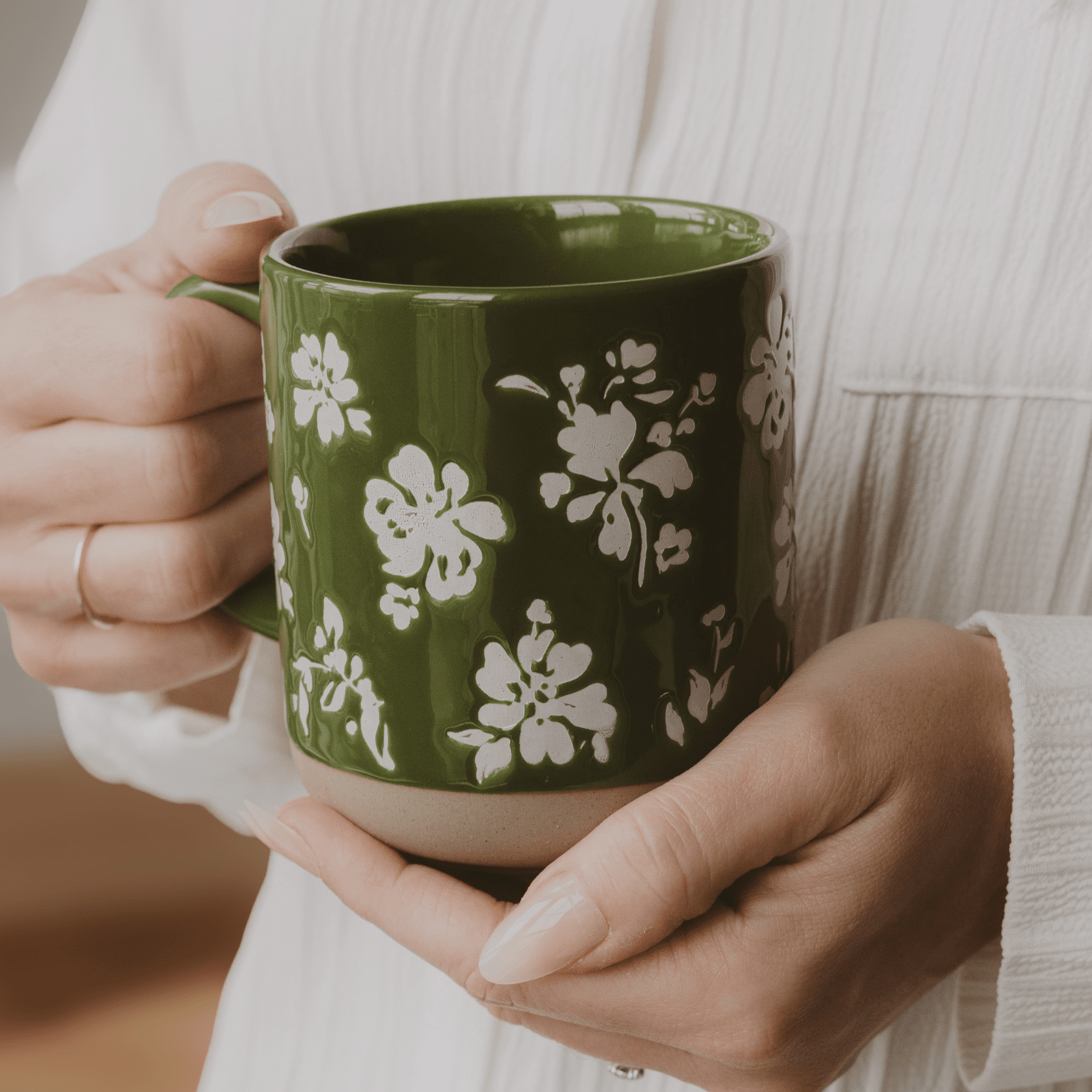 Green Floral Stoneware Coffee Mug - Market 12