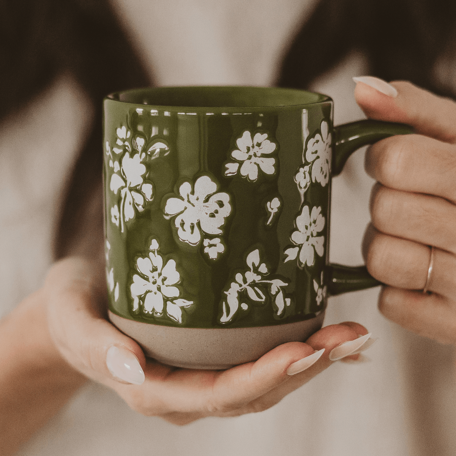 Green Floral Stoneware Coffee Mug - Market 12